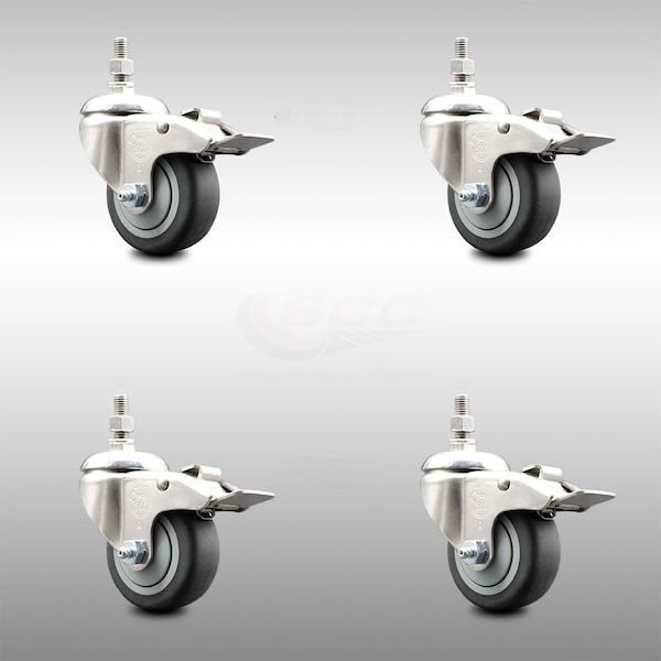 Service Caster 3 Inch 316SS Thermoplastic Rubber Swivel 3/8 Inch Stem Caster Set Lock Brake SCC SCC-SS316TSTTL20S314-TPRB-381615-4 - main